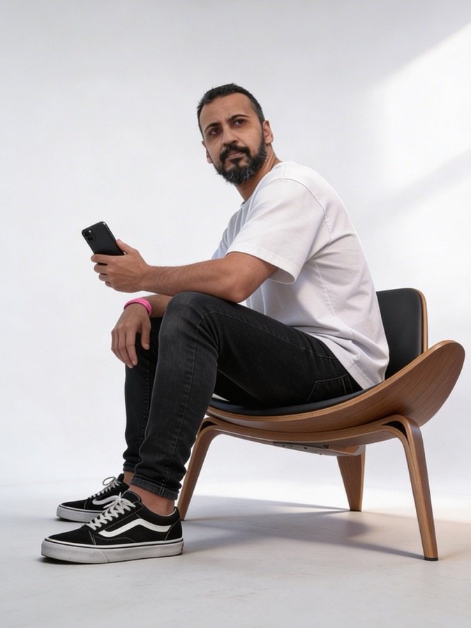 Full body black and white portrait of Viny Souza, seated